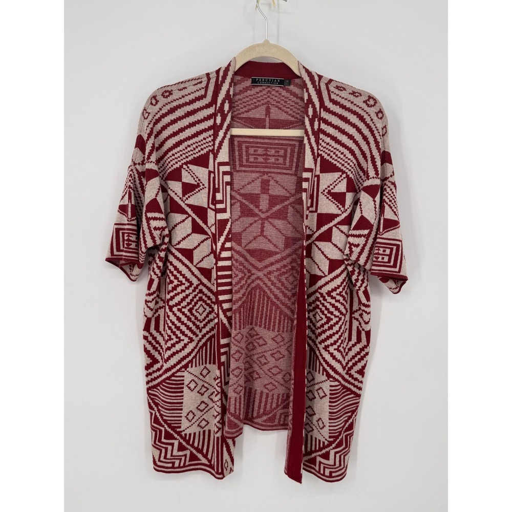 Peruvian Connection Cardigan Womens M Burgundy Geometric Pima Cotton Open Front
